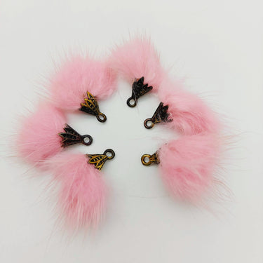 Pink Artificial Feather Fur Tassel With Brass Cap in Antique Gold Colour, Tassel Charms x 2